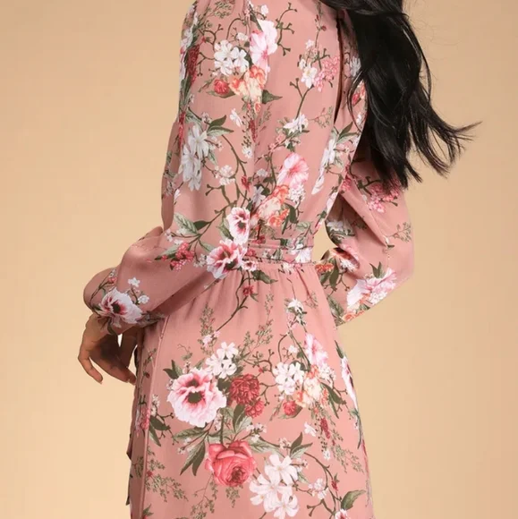 NWT LULU'S Mauve Floral Long Sleeve Faux-Wrap Mini Dress - Picture 2 of 7